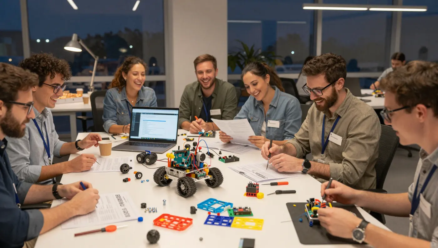 Colleagues at work assemble a robot on Arduino