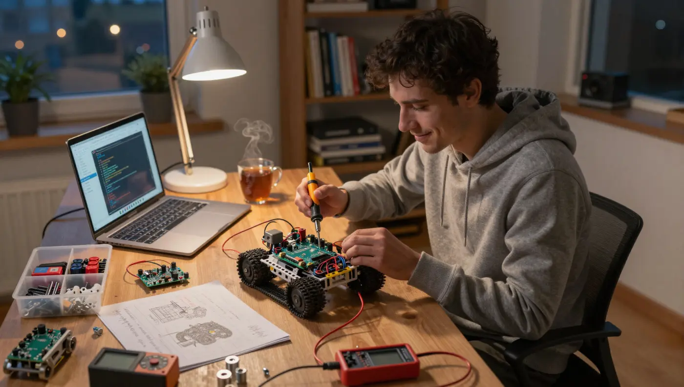 A robotics enthusiast after work assembles a robot on Arduino