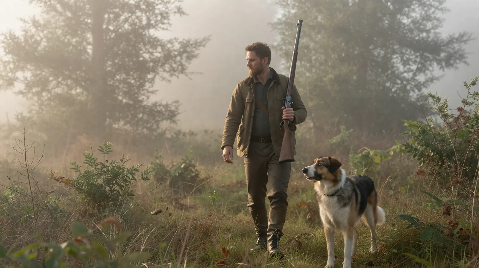 Hunter with a gun and dog in the wild