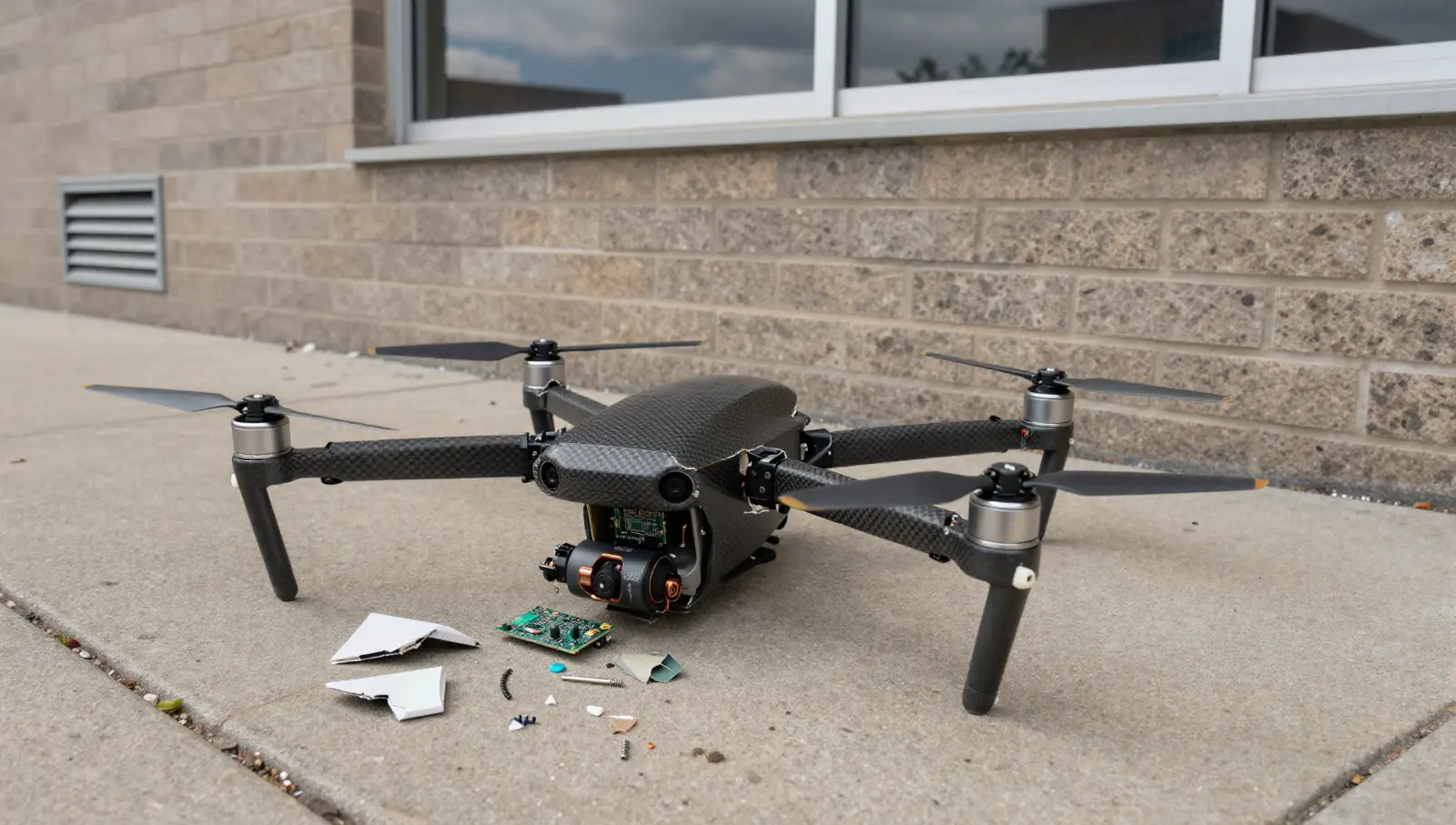 A broken quadcopter is the result of manual control